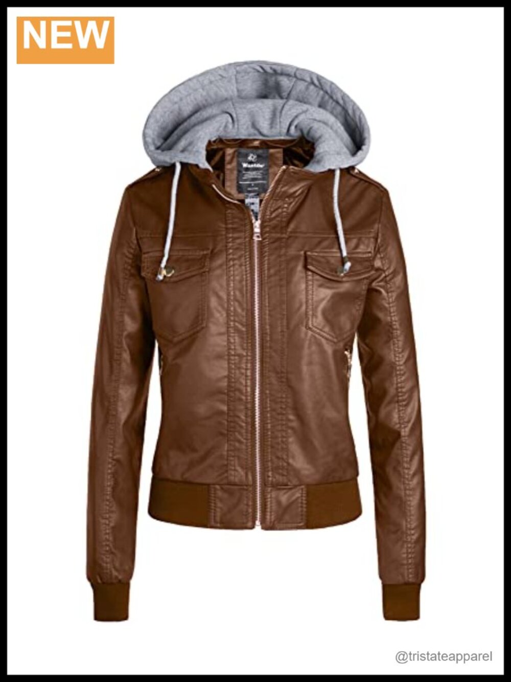 Women's Faux Leather Moto Biker Jacket PU Bomber Coat with Removable Hood